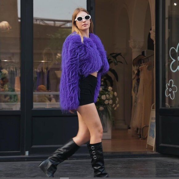 Women's Faux Fur Coat Purple Slim Cropped Fuzzy Fluffy Fall Winter Jacket - Picture 5 of 5